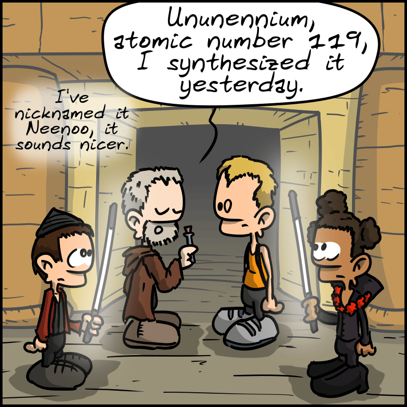 Father Vito Cornelius shows a small vial to Korben, Ruby Rhod, and David, and says: “Unununnium, atomic number 119, I synthesized it yesterday. I’ve nicknamed it Neenoo, it sounds nicer.”
