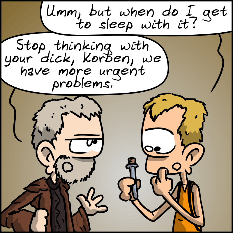 Korben looks at the vial skeptically and asks : “Umm, but when do I get to sleep with it?” The priest, jaded: “Stop thinking with your dick, Korben, we have more urgent problems.”