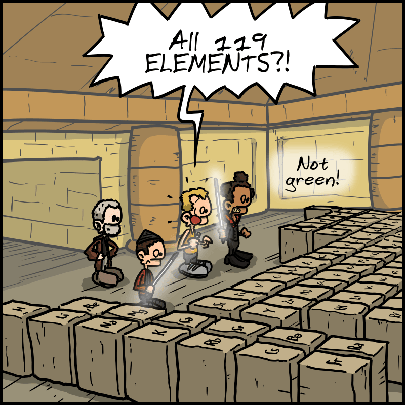 Korben and Ruby Rhod are dumbfounded by the stones arranged in a gigantic periodic table. Korben asks, “All 119 ELEMENTS?!” Ruby: “Not green!”