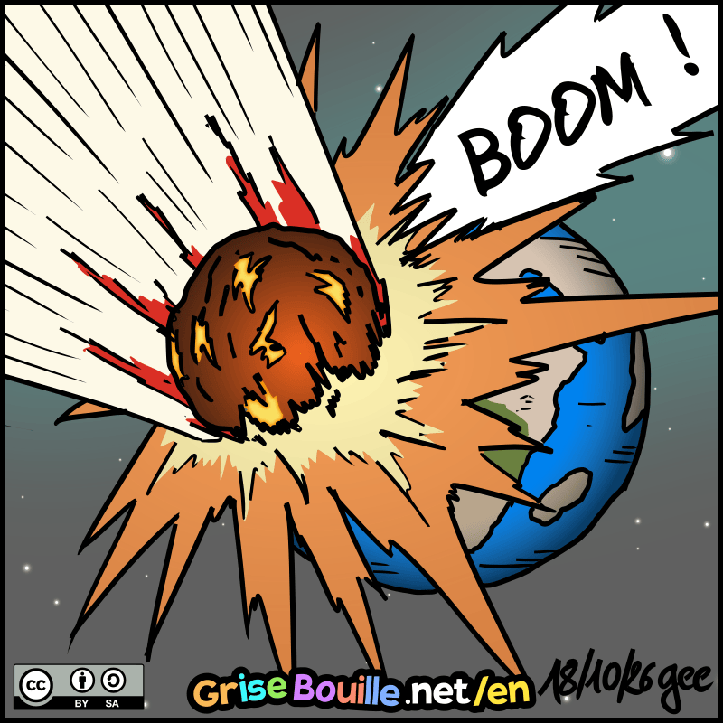 A shot of Earth colliding with the Evil Planet and exploding. Note: Comic licensed under CC BY SA (grisebouille.net), drawn on October 18, 2026, by Gee.
