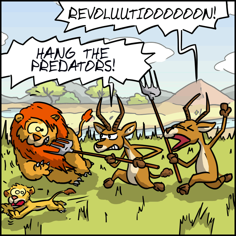 Antelopes charge and spear the king with spears, shouting: “REVOLUUTION!” “HANG THE PREDATORS!”