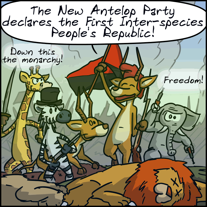 Parody of Liberty Leading the People: “The New Antelope Party declares the First Inter-species People’s Republic! Freedom! Down with the monarchy!”