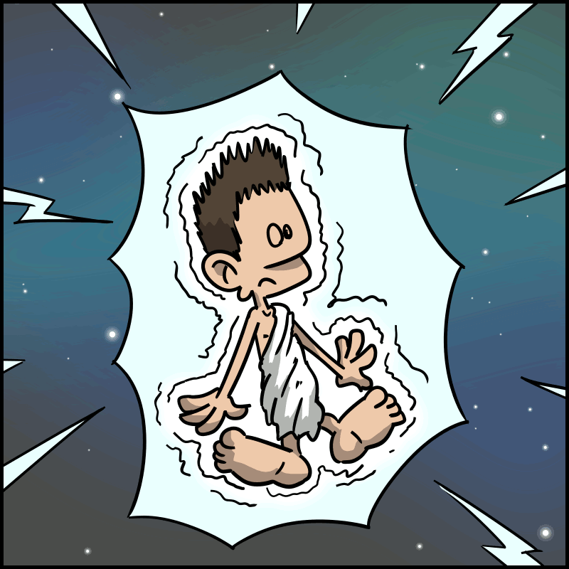 The man in the toga appears in the middle of space.