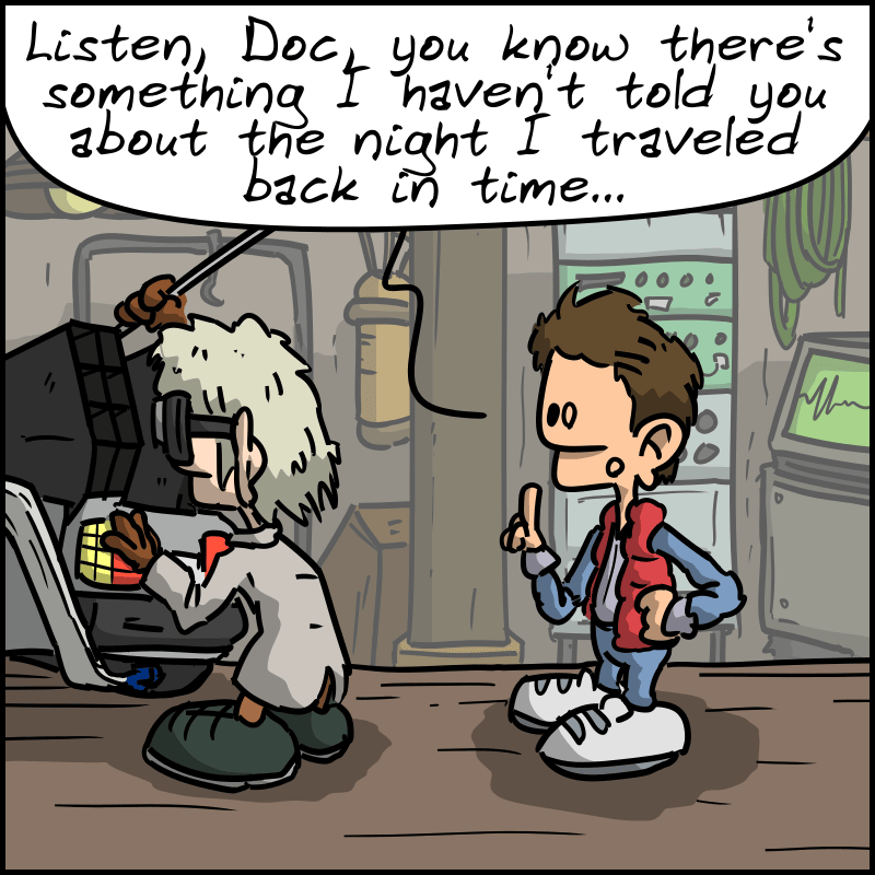Scene from “Back to the Future.” Marty says to Doc: “Listen, Doc, you know there's something I haven't told you about the night I traveled back in time…”