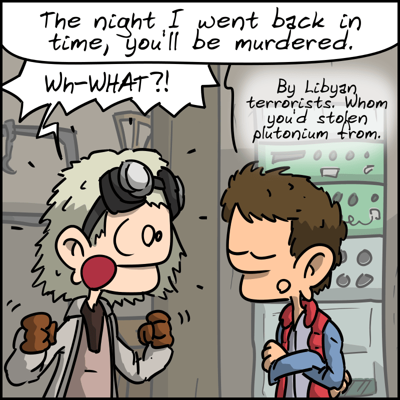 Doc turns around, and Marty immediately says: “The night I went back in time, you'll be murdered.” Doc: “Wh-WHAT?!” Marty: “By Libyan terrorists. Whom you'd stolen plutonium from.”