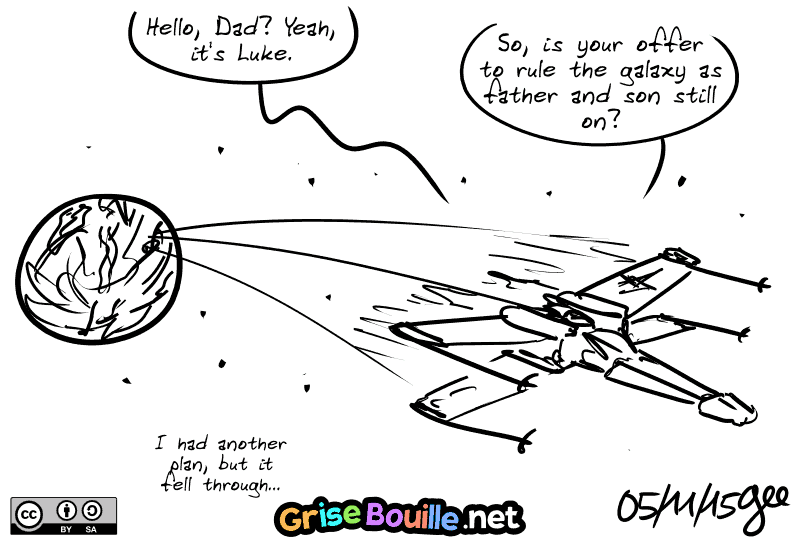 Wide shot of the planet Dagobah, with Luke's X-Wing flying away from it.  Inside, we hear Luke making a call: “Hello, Dad?  Yeah, it's Luke.  So, is your offer to rule the galaxy as father and son still on?  I had another plan, but it fell through..." Note: Comic licensed under CC BY SA (grisebouille.net), drawn on November 5, 2015 by Gee.