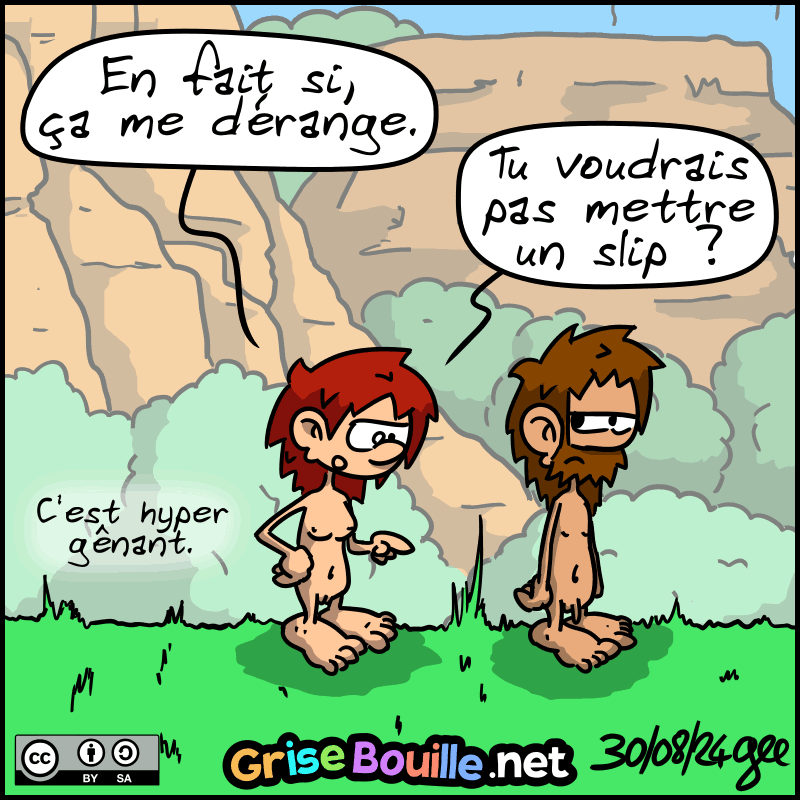 Magnon se reprend : « En fait si, ça me dérange. Tu voudrais pas mettre un slip ? » Jean-Cro est surpris. Elle ajoute : « C'est hyper gênant. » Note : BD sous licence CC BY SA (grisebouille.net), dessinée le 30 août 2024 par Gee.