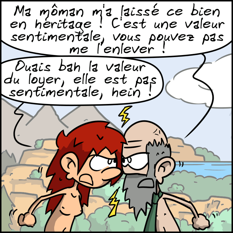 Le type s'énerve : « Ma môman m'a laissé ce bien en héritage ! C'est une valeur sentimentale, vous pouvez pas me l'enlever ! » Macron remarque : « Ouais bah la valeur du loyer, elle est pas sentimentale, hein ! »