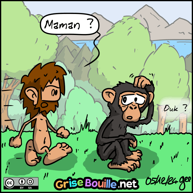 Jean-Cro parle à un bonobo : « Maman ? » Le bonobo, étonné, répond : « Ouk ? » Note : BD sous licence CC BY SA (grisebouille.net), dessinée le 5 décembre 2024 par Gee.