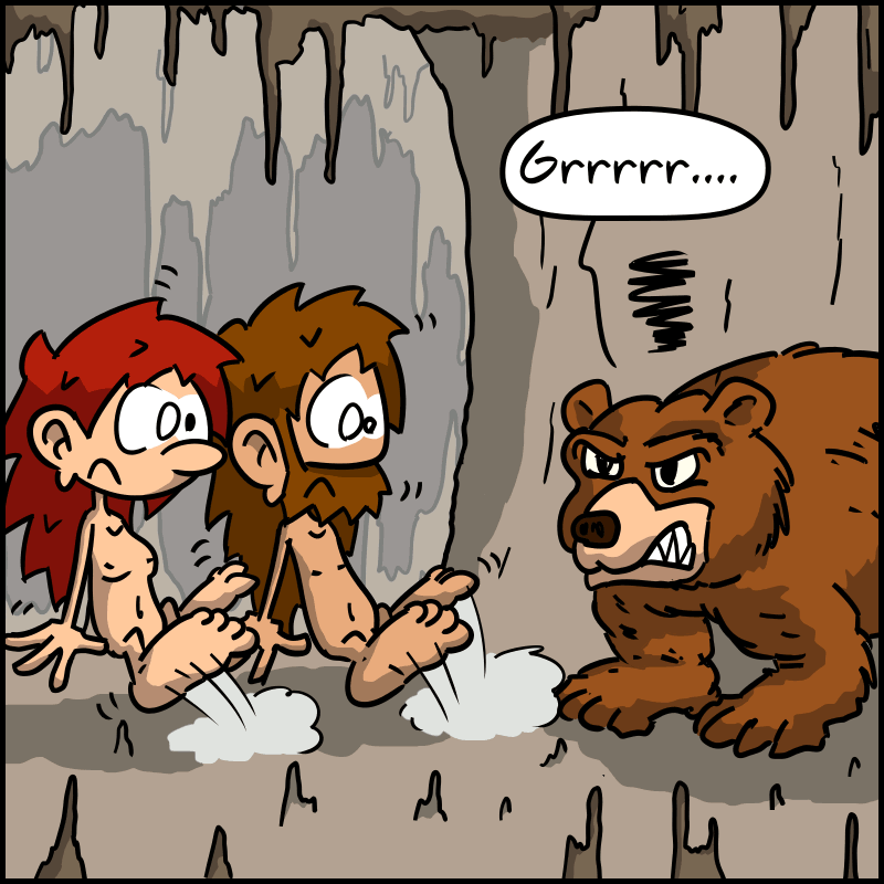 Soudain, un ours apparaît : « Grrrrrr… » Jean-Cro et Magnon sursautent, terrifiés.