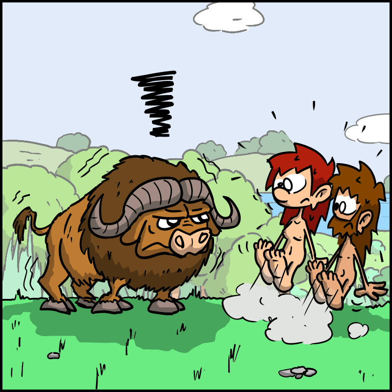 Jean-Cro et Magnon flippent en regardant la bufflonne qui souffle des naseaux et les regarde d'un air méchant.