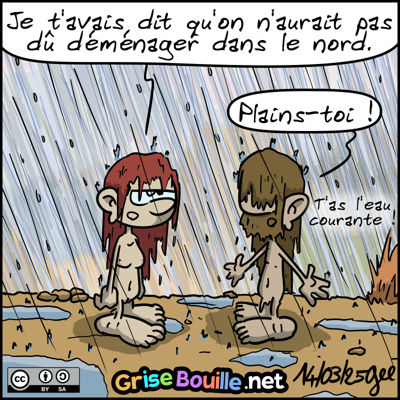 Il pleut très fort. Jean-Cro et Magnon sont trempées, et bien sûr blasées… Magnon : « Je t'avais dit qu'on n'aurait pas dû déménager dans le nord. » Jean-Cro : « Plains-toi ! T'as l'eau courante ! » Note : BD sous licence CC BY SA (grisebouille.net), dessinée le 14 mars 2025 par Gee.