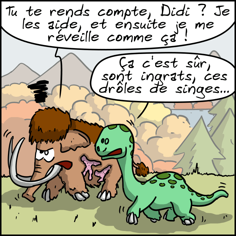 Mammouth marche avec Didi le diplodocus et lui dit : « Tu te rends compte, Didi ? Je les aide, et ensuite je me réveille comme ça ! Tondu ! » Didi remarque : « Ça c'est sûr, sont ingrats, ces drôles de singes… »