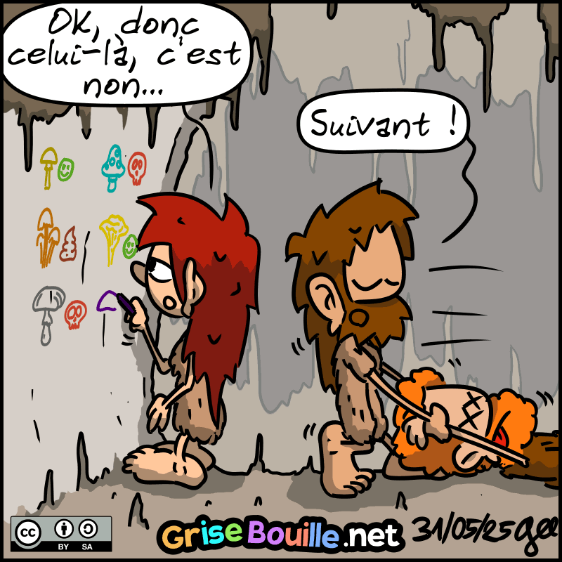 On voit que Magnon est en train de noter, sur un tableau, quels champignons sont comestibles ou non. Elle dit : « OK, donc celui-là, c'est non… » Jean-Cro emporte le mort et crie : « Suivant ! » Note : BD sous licence CC BY SA (grisebouille.net), dessinée le 31 mai 2025 par Gee.