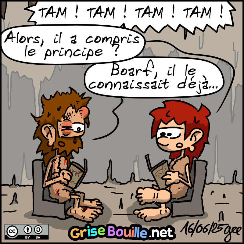 Retour dans le salon, Jean-Cro et Magnon lisent le journal. Jean-Cro a la tête fracassée, le nez en sang. Magnon demande : « Alors, il a compris le principe ? » Jean-Cro répond : « Boarf, il le connaissait déjà… » Note : BD sous licence CC BY SA (grisebouille.net), dessinée le 16 juin 2025 par Gee.