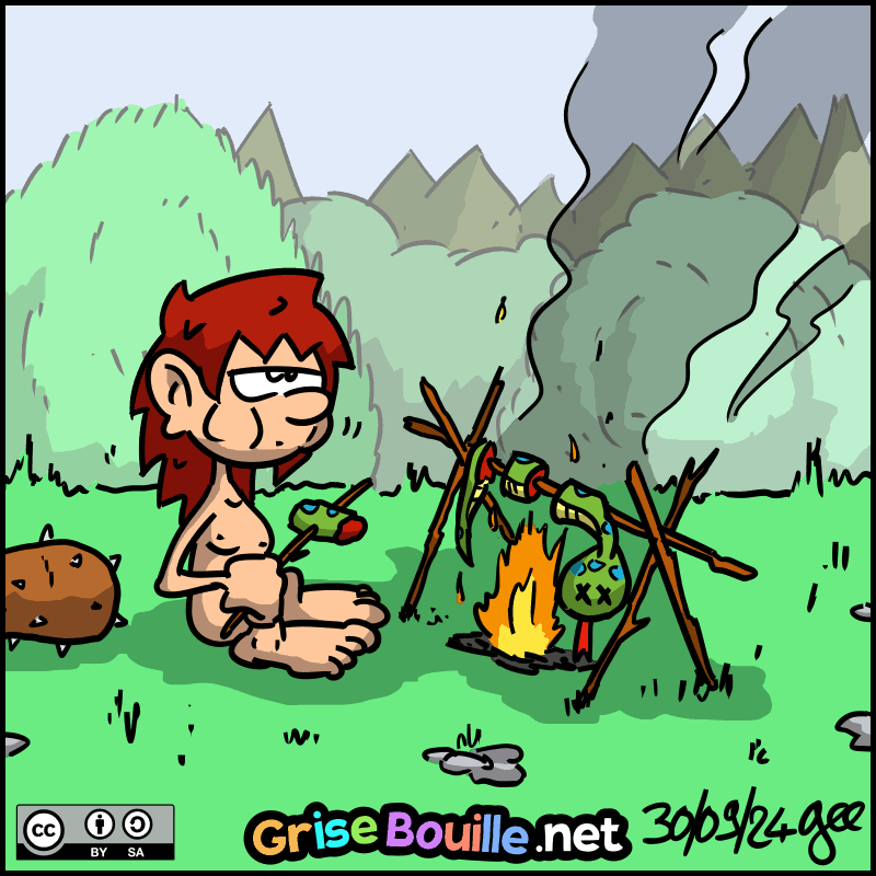 Magnon est représentée en train de bouffer le serpent, cuit à la broche. Note : BD sous licence CC BY SA (grisebouille.net), dessinée le 30 septembre 2024 par Gee.