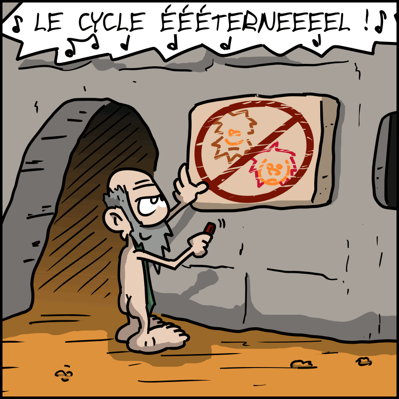 Le propriétaire accroche un signe qui interdit l'accès à Jean-Cro et Magnon. « LE CYCLE ÉÉÉÉTERNEEEEEL ! »