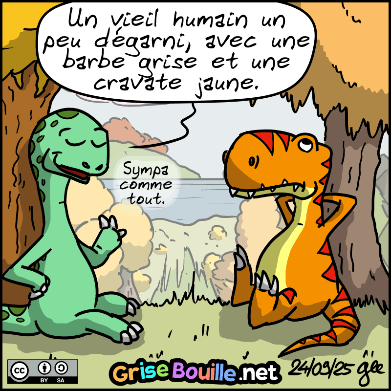 Didi : « Un vieil humain un peu dégarni, avec une barbe grise et une cravate jaune. Sympa comme tout. » Note : BD sous licence CC BY SA (grisebouille.net), dessinée le 24 septembre 2025 par Gee.
