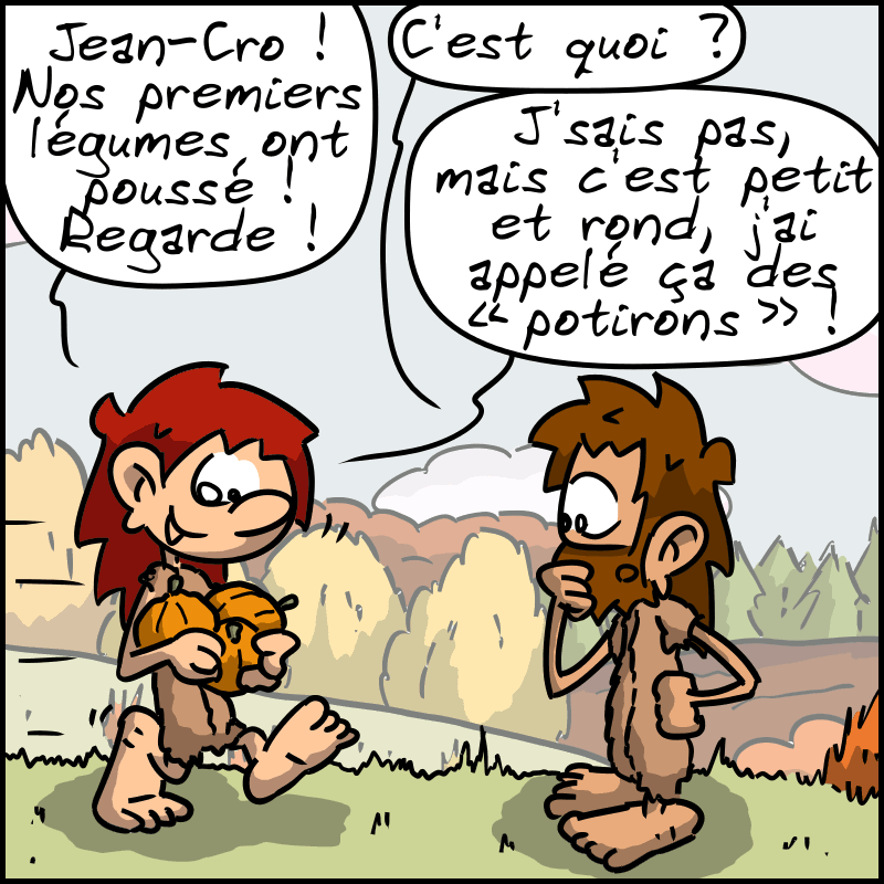 Magnon, toute contente, court vers Jean-Cro avec des trois courges dans les mains : « Jean-Cro ! Nos premiers légumes ont poussé ! Regarde ! » Jean-Cro : « C'est quoi ? » Magnon regarde ses légumes : « J'sais pas, mais c'est petit et rond, j'ai appelé ça des “potirons” ! »