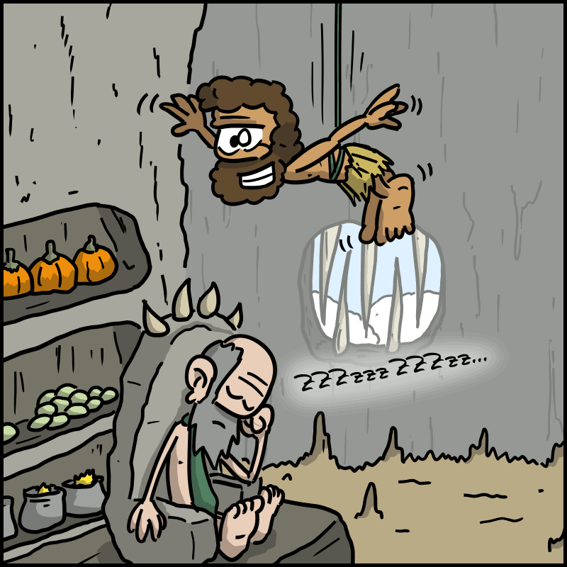 On voit Néandertalo qui est suspendu à une corde au-dessus.