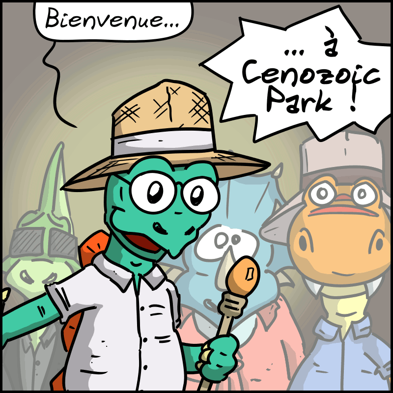 Le dinosaure déclame solennellement : « Bienvenue… à Cenozoic Park ! »