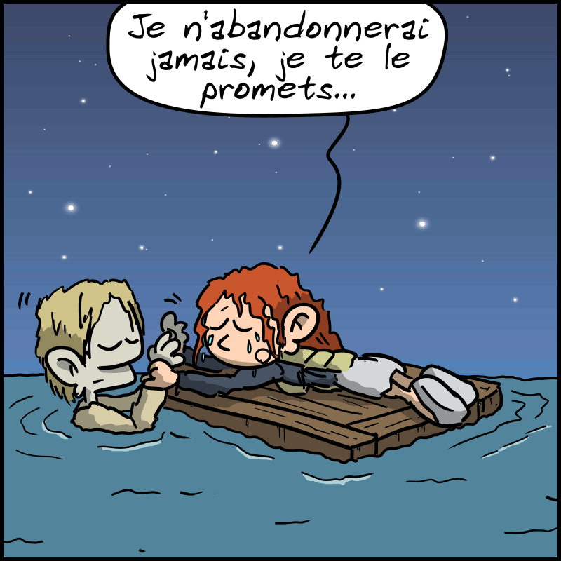 Rose pousse le corps de Jack en pleurant : « Je n'abandonnerai jamais, je te le promets… »