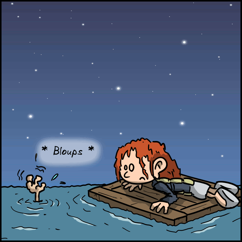 Jack se noie dans un « bloups », on voit juste sa main qui ressort de l'eau. Rose est stupéfaite.