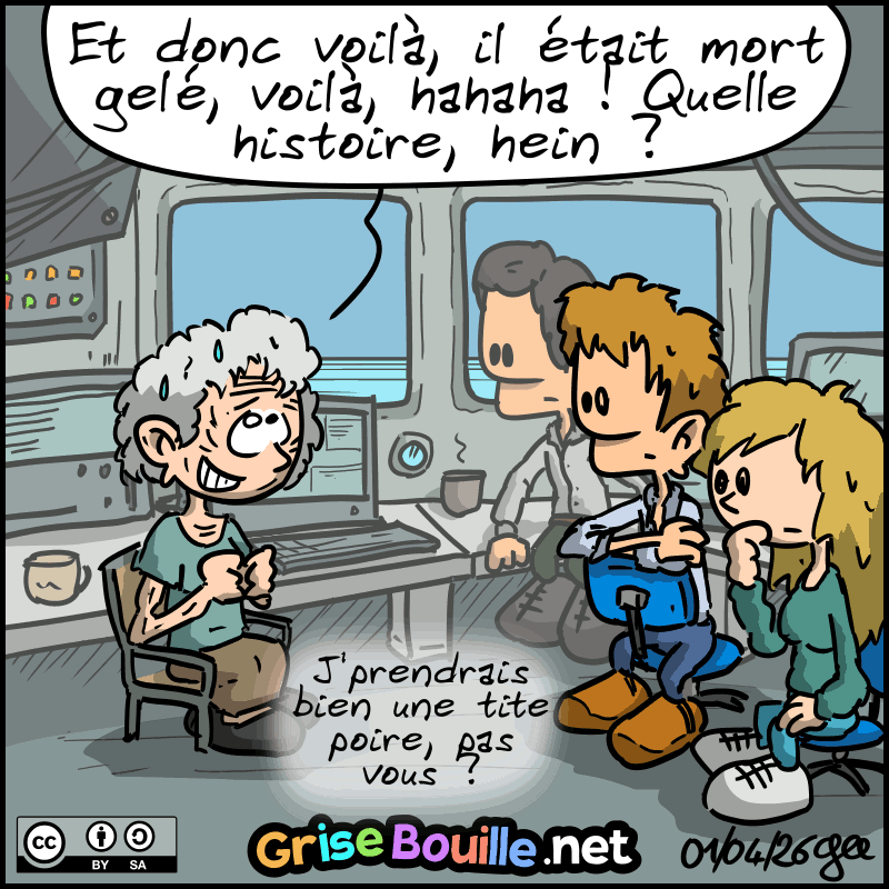 Rose, devenue vieille, raconte à l'expédition du Cœur de l'Océan : « Et donc voilà, il était mort gelé, voilà, hahaha ! Quelle histoire, hein ? J'prendrais bien une tite poire, pas vous ? » Note : BD sous licence CC BY SA (grisebouille.net), dessinée le 1er avril 2026 par Gee.