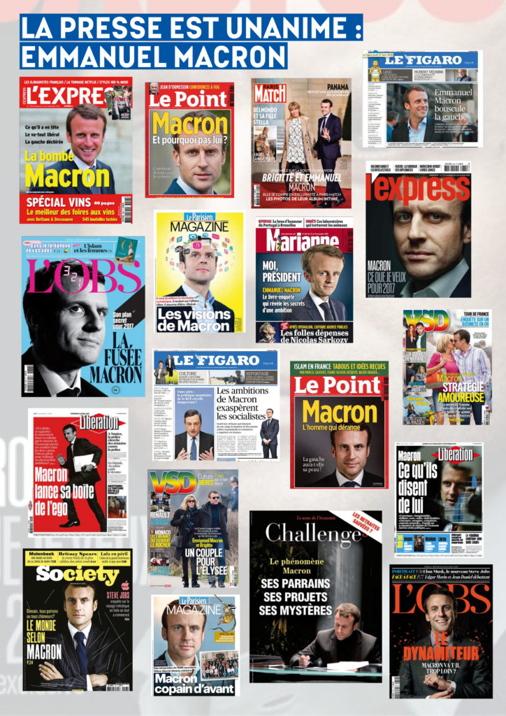 La presse est unanime : Emmanuel Macron. Montage montrant 18 couvertures de journaux divers avec Macron en une.