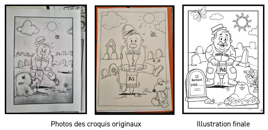 À gauche, deux croquis, à droite l'illustration finale.