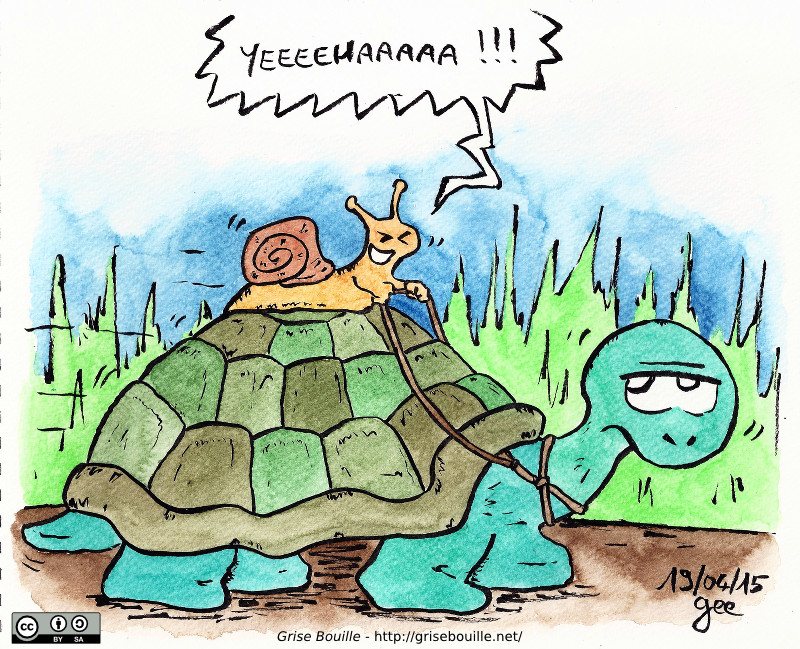 Un escargot sur le dos d'une tortue s'exclame : « Yeeeeehaaaaaa !!! » Note : dessin sous licence CC BY SA (grisebouille.net), réalisé le 19 avril 2015 par Gee.