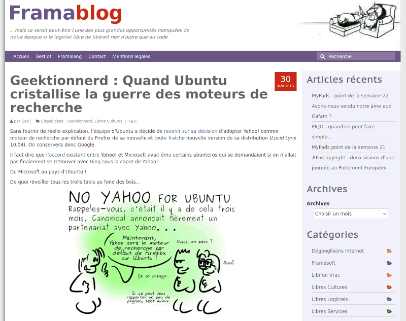 Capture d'écran du Framablog où on voit la définition « No Yahoo for Ubuntu »