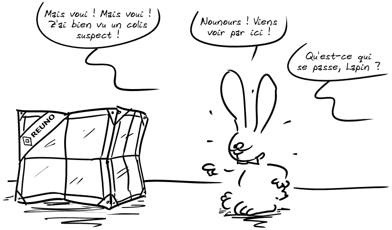 Il s'excite soudain : « Mais voui ! Mais voui ! Z'ai bien vu un colis suspect ! Nounours ! Viens voir par ici ! » Hors-champ, Nounours répond : « Qu'est-ce qui se passe, Lapin ? »