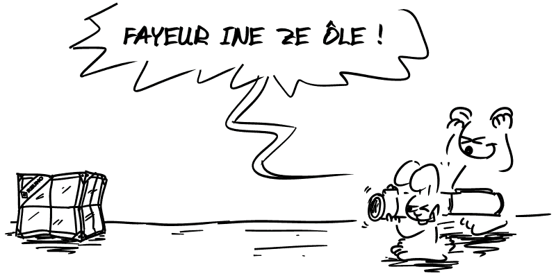 Plan large, le lapin a un bazooka dans la main et vise la malle en criant : « FAYEUR INE ZE ÔLE ! » Nounours est à côté et se bouche les oreilles.