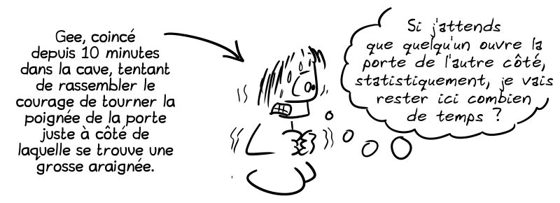 Gee est en train de transpirer, l'air pas rassuré. Une flèche indique : « Gee, coincé depuis 10 minutes dans la cave, tentant de rassembler le courage de tourner la poignée de la porte juste à côté de laquelle se trouve une grosse araignée. » Gee pense : « Si j'attends que quelqu'un ouvre la porte de l'autre côté, statistiquement, je vais rester ici combien de temps ? »