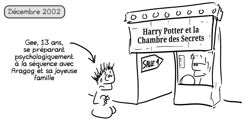 Décembre 2002. Gee, devant un ciné qui passe « Harry Potter et la Chambre des Secrets ». Une flèche indique : « Gee, 13 ans, se préparant psychologiquement à la séquence avec Aragog et sa joyeuse famille… »
