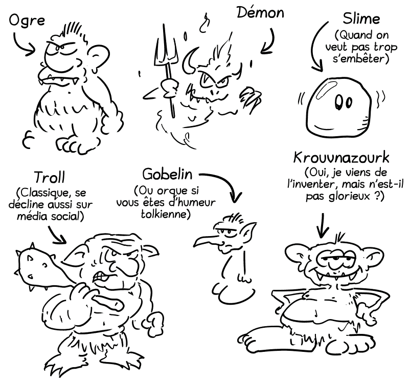 On voit un ogre, un démon, un slime (quand on veut pas trop s'embêter), un troll (classique, se décline aussi sur média social), un gobelin (ou un orque si vous êtes d'humeur tolkienne), un krouvnazourk (oui, je viens de l'inventer, mais n'est-il pas glorieux ?).