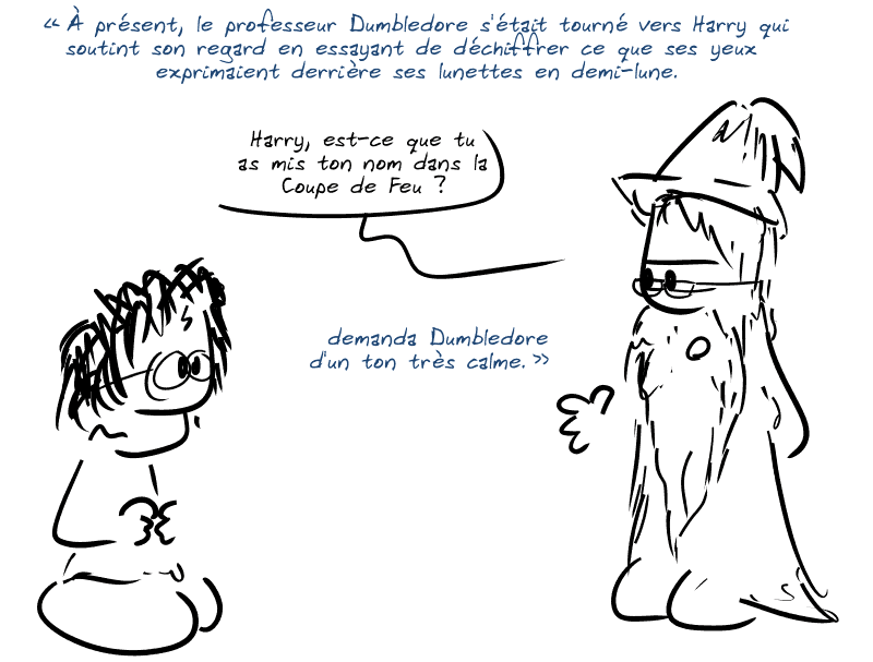 Une citation du livre. « À présent, le professeur Dumbledore s'était tourné vers Harry qui soutint son regard en essayant de déchiffrer ce que ses yeux exprimaient derrière ses lunettes en demi-lune. “Harry, est-ce que tu as mis ton nom dans la Coupe de Feu ?”  demanda Dumbledore d'un ton très calme. » Harry est représenté penaud devant un Dumbledore le dévisageant calmement.