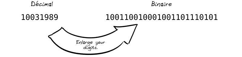 Le nombre décimal 10031989 devient le nombre binaire 100110010001001101110101. Une flèche indique : « Enlarge your digits » entre les deux.
