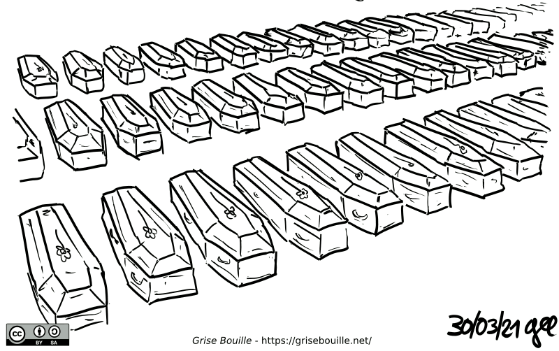Des dizaines de cercueils alignés. Note : BD sous licence CC BY SA (grisebouille.net), dessinée le 30 mars 2021 par Gee.