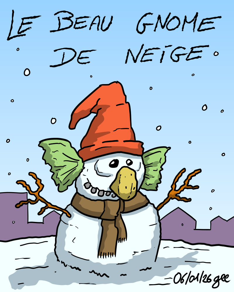 Le beau gnome de neige, un bonhomme de neige en forme de gnome, avec une grosse patate pour le nez, des feuilles de salade pour les oreilles, un sourire en caillou et un chapeau de gnome. Note : dessin sous licence CC BY SA (grisebouille.net), réalisé le 6 janvier 2025 par Gee.
