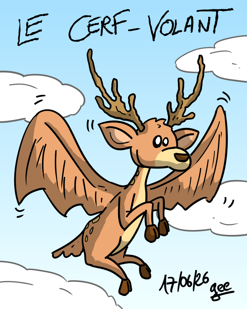 Le cerf-volant. On voit un cerf (l'animal) avec des ailes, en train de voler. Note : dessin sous licence CC BY SA (grisebouille.net), réalisé le 17 juin 2026 par Gee.