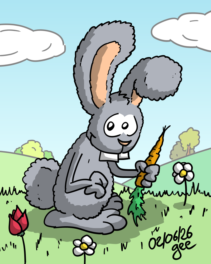 Un lapin tout poilu tient une carotte dans la main en souriant. Note : dessin sous licence CC BY SA (grisebouille.net), réalisé le 2 juin 2026 par Gee.