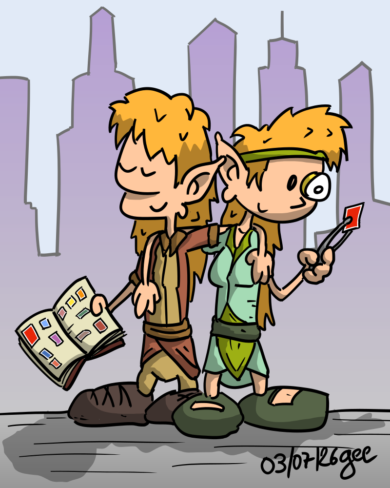 Deux elfes, un homme et une femme, montrent fièrement leur collection de timbres avec des gratte-ciels en fond. Note : dessin sous licence CC BY SA (grisebouille.net), réalisé le 3 juillet 2026 par Gee.