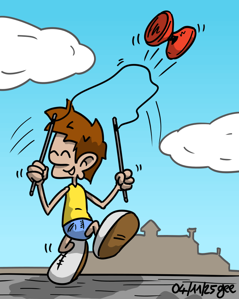 Un sale gosse fait joyeusement du diabolo dans la cour de l'école. Note : dessin sous licence CC BY SA (grisebouille.net), réalisé le 4 novembre 2025 par Gee.