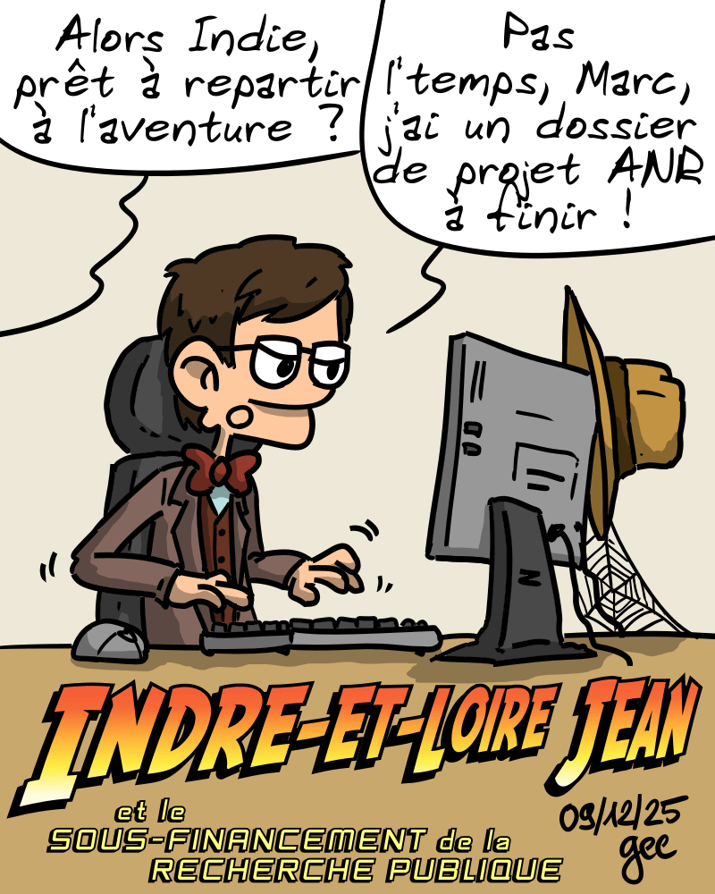 Un homme aux allures d'Indiana Jones (version professeur) est derrière son ordi où on chapeau prend la poussière. Une fois hors-champ demande : « Alors Indie, prêt à repartir à l'aventure ? » Il répond : « Pas l'temps, Marc, j'ai un dossier de projet ANR à finir ! » Le titre dit : « Indre-et-Loire Jean et le Sous-financement de la Recherche Publique » Note : dessin sous licence CC BY SA (grisebouille.net), réalisé le 9 décembre 2025 par Gee.