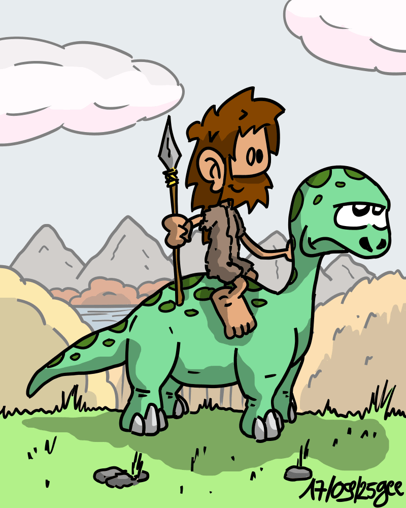Jean-Cro est représenté avec une lance à la main, sur le dos de Didi le diplodocus qui a l'air blasé. Note : dessin sous licence CC BY SA (grisebouille.net), réalisé le 17 septembre 2025 par Gee.