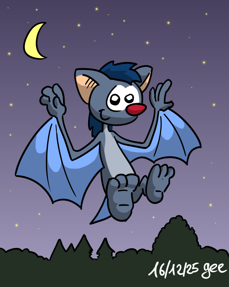Une petite chauve-souris toute mignonne vole au-dessus de la forêt, la nuit, devant un ciel étoilé où on voit également la Lune. Note : dessin sous licence CC BY SA (grisebouille.net), réalisé le 16 décembre 2025 par Gee.