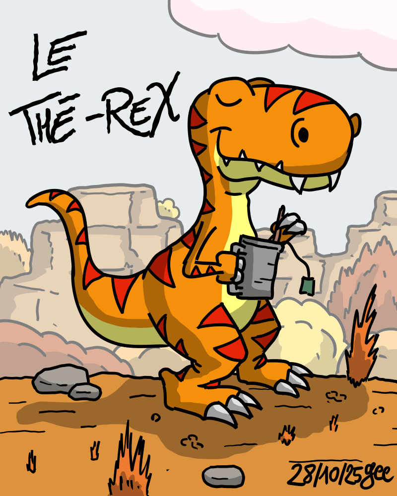 Le Thé-Rex est représenté en train de remuer tranquillement son thé devant le décors de La Chaîne Météore. Note : dessin sous licence CC BY SA (grisebouille.net), réalisé le 28 octobre 2025 par Gee.
