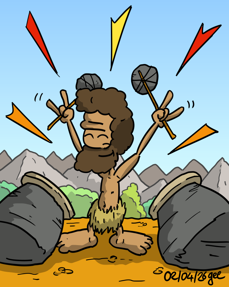 Néandertalo, de La Chaîne Météore, joue du tam-tam en faisant le symbole « metal » avec ses doigts. Note : dessin sous licence CC BY SA (grisebouille.net), réalisé le 2 avril 2026 par Gee.